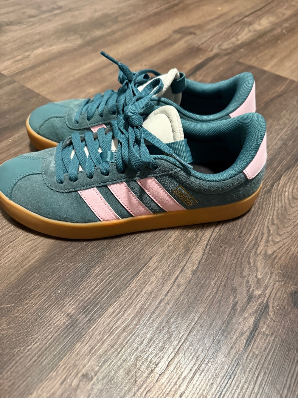 adidas Women's Teal Suede Sneakers with Pink Stripes and Gum Sole